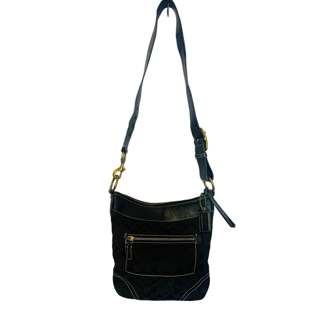 Coach Y2K Hobo Black White‎ Stitch Jacquard Leather Shoulder Bag Adjust Strap